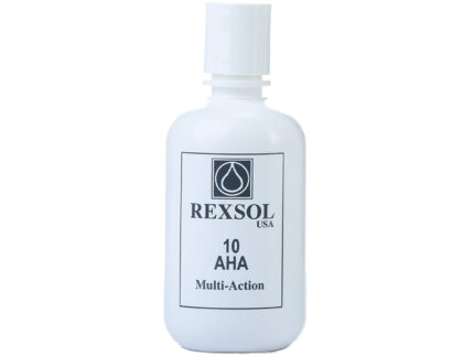 A luxurious jar of Rexsol 10 AHA Multi-Action Cream, an anti-wrinkle treatment that refines skin texture, boosts collagen, and provides intense hydration for a youthful appearance. Suitable for all skin types and perfect as a makeup base