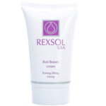 A jar of Rexsol BUST BEAUTY CREAM, with the cream being smoothed over a woman's bust area