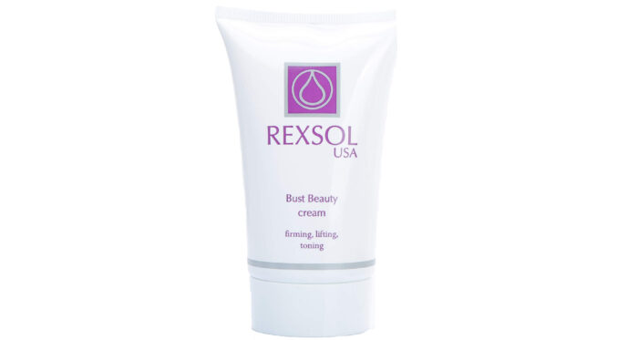 A jar of Rexsol BUST BEAUTY CREAM, with the cream being smoothed over a woman's bust area