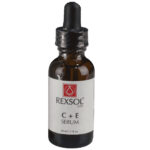 A bottle of Rexsol C+E Serum with dropper on a white background