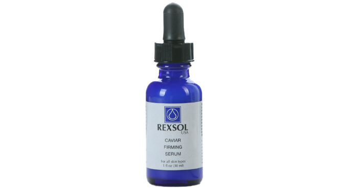 A bottle of Rexsol Caviar Firming Serum on a white background with a dropper