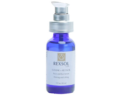 A bottle of Rexsol Caviar + Retinol Face and Eye Serum with a dropper