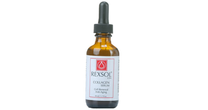 A bottle of Rexsol Collagen Serum Cell Renewal Anti-Aging skin care product.