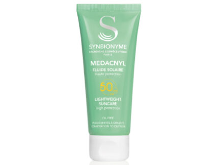 A tube of MEDACNYL Lightweight Suncare SPF50 with a white background