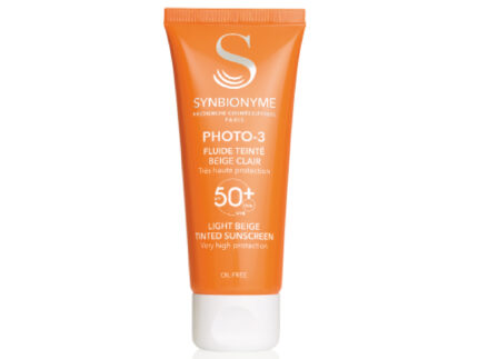 A tube of Synbionyme Photo-3 Light Beige Tinted Sunscreen SPF 50+.