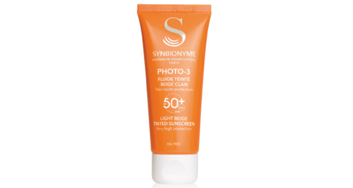 A tube of Synbionyme Photo-3 Light Beige Tinted Sunscreen SPF 50+.