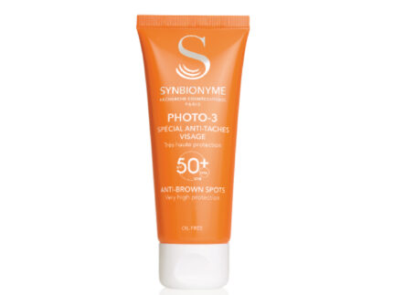 A bottle of Synbionyme Photo-3 Special Anti-Brown Spots sunscreen with SPF 50+, enriched with Alpha Arbutin and Vitamin C