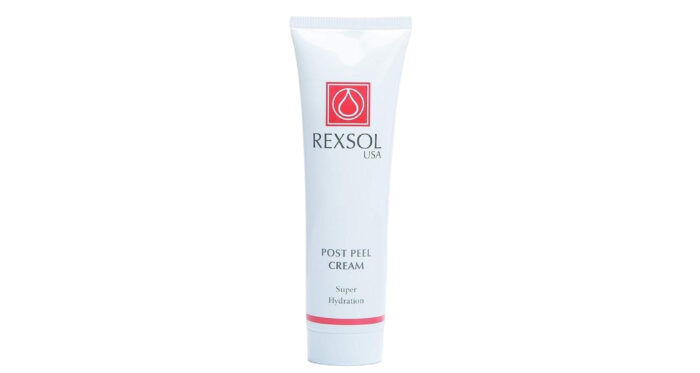 A bottle of Rexsol POST PEEL skincare solution on a white background