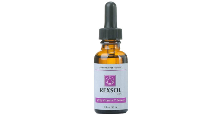 A bottle of Rexsol Vitamin C-15 Serum Anti-Wrinkle Firming with dropper applicator